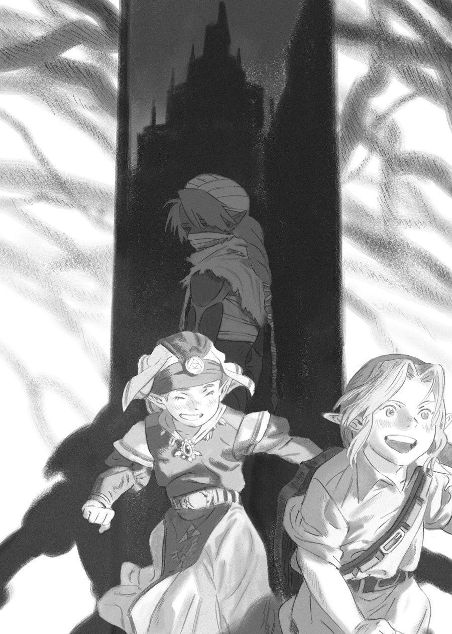 1boy 1girl amber389 braid castle dress dual_persona facing_viewer greyscale hat headdress highres link long_hair looking_back monochrome nintendo open_mouth princess_zelda running sheik shield shield_on_back smile the_legend_of_zelda the_legend_of_zelda:_ocarina_of_time tunic turban young_link young_zelda