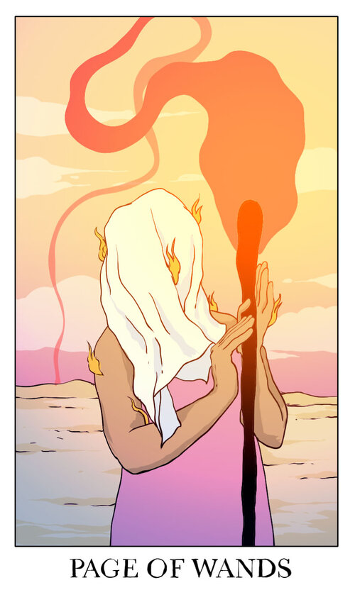 1girl border burning burning_clothes card_(medium) censored censored_identity cloud cloudy_sky desert dress english_text fire gradient_background gradient_sky holding holding_matchstick jessica_hayworth matches mountainous_horizon original outdoors pink_dress pink_sky sky sleeveless sleeveless_dress solo surreal tarot tarot_(medium) veil white_border white_veil yellow_sky