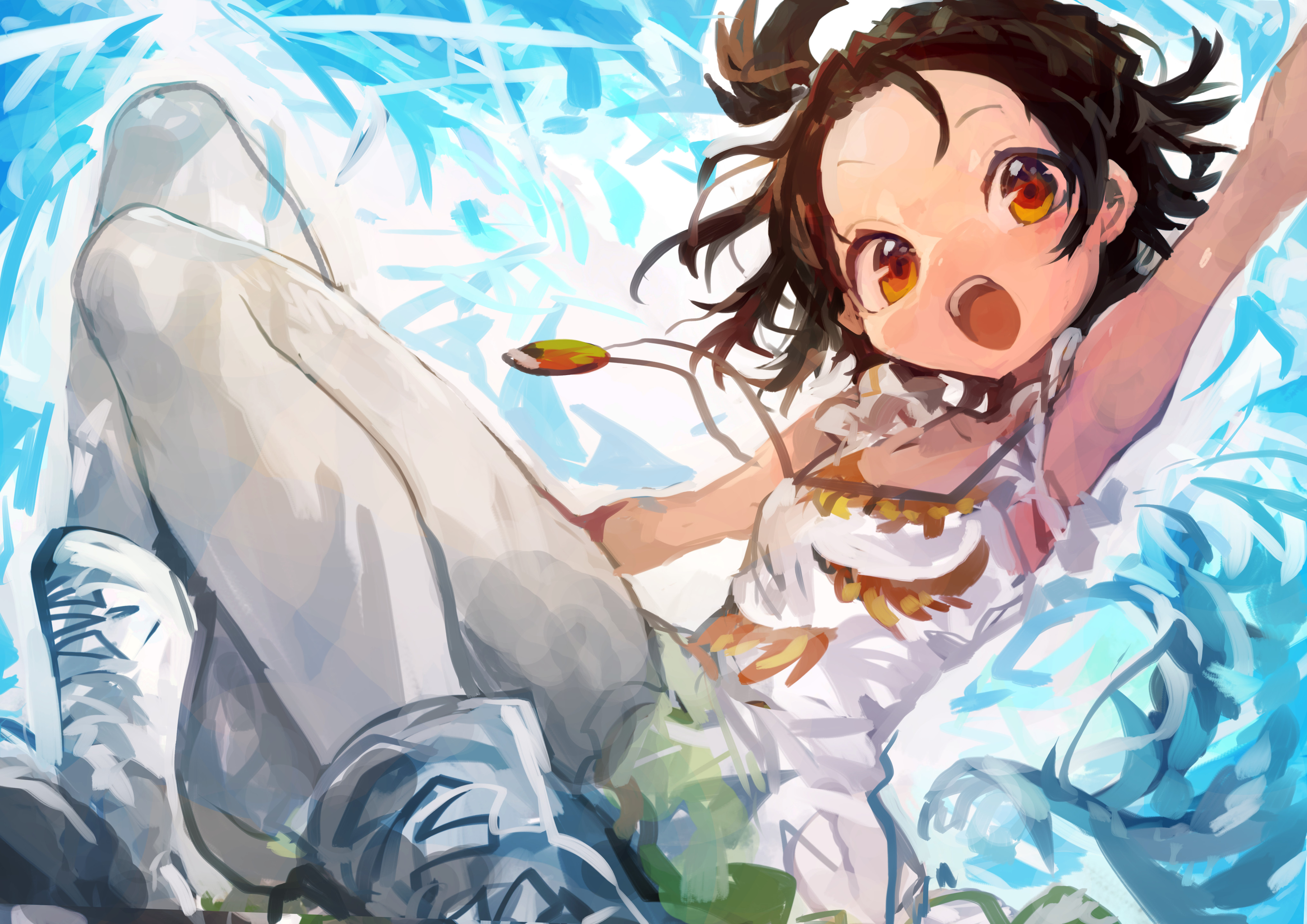1girl absurdres arm_up black_hair commentary dress figure_skating_dress highres ice_skates kaamin_(mariarose753) looking_at_viewer medal medalist_(manga) open_mouth orange_eyes pantyhose simple_background skates sleeveless sleeveless_dress solo teeth upper_teeth_only white_dress white_pantyhose yuitsuka_inori