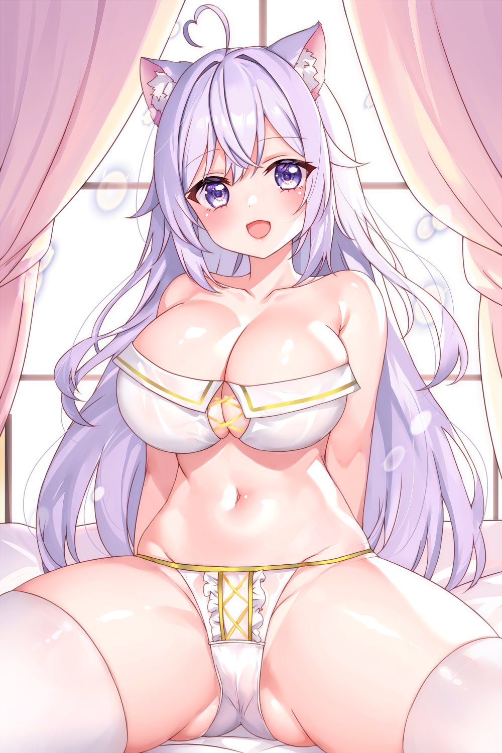 1girl ahoge animal_ears arms_behind_head bare_arms bare_shoulders bra breasts cameltoe cat_ears cinu cleavage cleavage_cutout clothing_cutout collarbone curtains gluteal_fold heart heart_ahoge highres indie_virtual_youtuber large_breasts long_hair looking_at_viewer navel open_mouth panties purple_eyes second-party_source sitting smile solo spread_legs stomach strapless strapless_bra string_panties theanya thighhighs thighs underwear underwear_only very_long_hair virtual_youtuber white_bra white_hair white_panties white_thighhighs