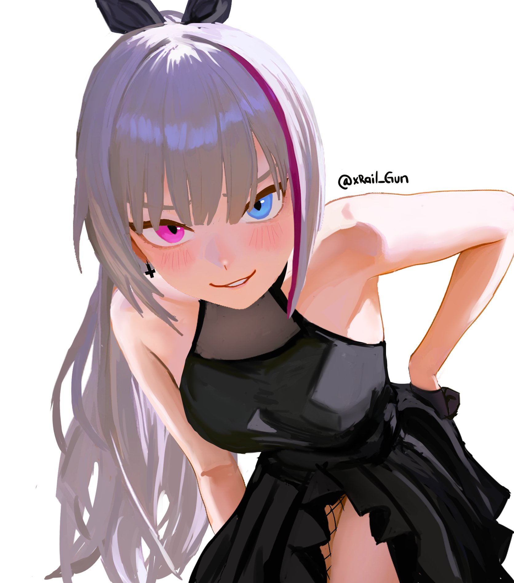 1girl artist_name black_dress black_gloves blaizepascal blue_eyes blush commentary dress english_commentary girls'_frontline gloves half_gloves heterochromia highres inverted_cross_earrings long_hair looking_at_viewer mdr_(cocktail_observer)_(girls'_frontline) mdr_(girls'_frontline) multicolored_hair official_alternate_costume parted_lips pink_eyes purple_hair simple_background smile solo streaked_hair twitter_username two-tone_hair white_background white_hair