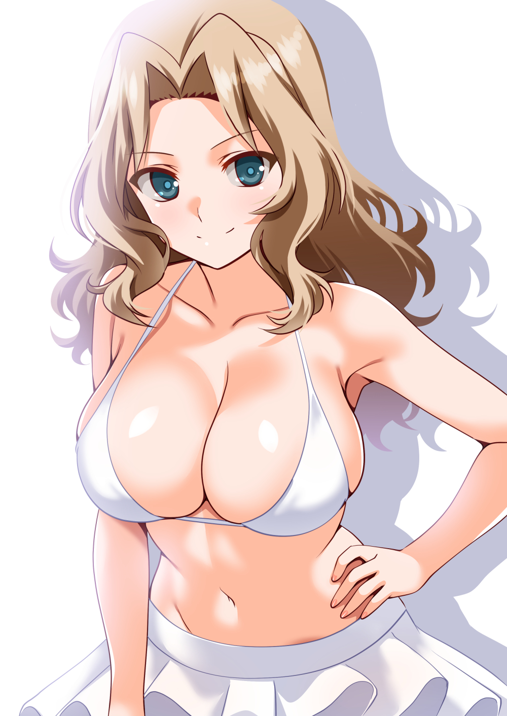 1girl bikini blonde_hair blue_eyes breasts cleavage closed_mouth collarbone commission engo_(aquawatery) girls_und_panzer hair_intakes highres kay_(girls_und_panzer) large_breasts long_hair looking_at_viewer miniskirt navel pixiv_commission simple_background skirt smile solo stomach strap_gap swimsuit white_background white_bikini white_skirt