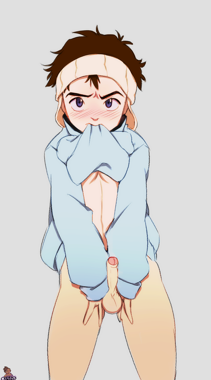 1boy blue_hoodie blush flcl highres hood hoodie nandaba_naota solo