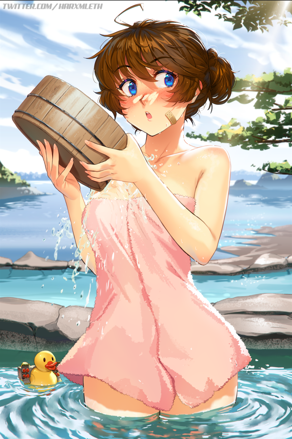 1girl :o ahoge bandaid bandaid_on_cheek bandaid_on_face bare_arms bare_shoulders basin blue_eyes blush brooke_(mleth) brown_hair collarbone commentary cowboy_shot day english_commentary hair_between_eyes hair_bun looking_at_viewer mleth naked_towel open_mouth original outdoors paid_reward_available ripples rubber_duck solo towel twitter_username wading water