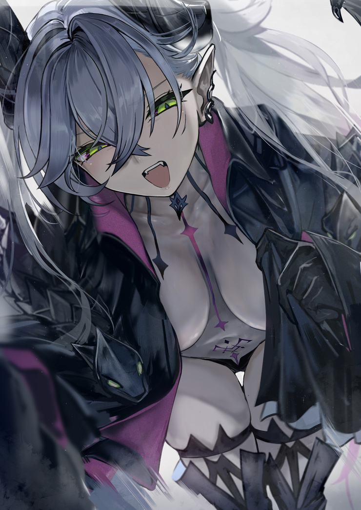 1girl black_hands black_jacket black_panties body_markings boots breasts colored_extremities fangs fate/grand_order fate_(series) green_eyes horns jacket leaning_forward lilith_(fate) lilith_(second_ascension)_(fate) long_hair looking_at_viewer navel open_mouth panties pointy_ears pubic_tattoo smile solo tattoo thigh_boots twintails underwear walzrj white_hair