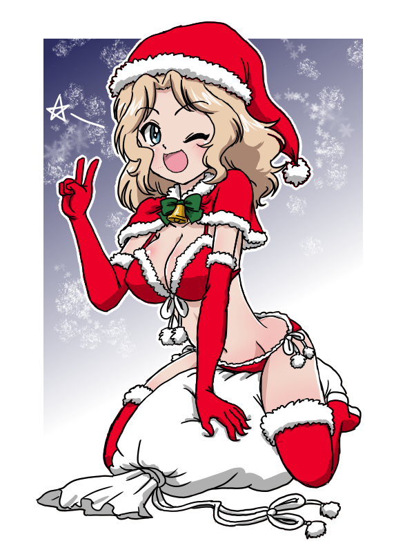 1girl ;d arm_support bell bikini blonde_hair blue_eyes boots bow bowtie breasts capelet christmas commentary elbow_gloves full_body fur-trimmed_bikini fur-trimmed_capelet fur-trimmed_gloves fur-trimmed_thighhighs fur_trim girls_und_panzer gloves green_bow green_bowtie hair_intakes hat kawasumi_ayako kay_(girls_und_panzer) kneeling leaning_forward looking_at_viewer medium_breasts medium_hair navel neck_bell one_eye_closed open_mouth outline panzercrab red_bikini red_capelet red_gloves red_hat sack santa_bikini santa_costume santa_hat smile snowflakes solo star_(symbol) swimsuit takahashi_kurage thigh_boots thighhighs v voice_actor_connection white_outline