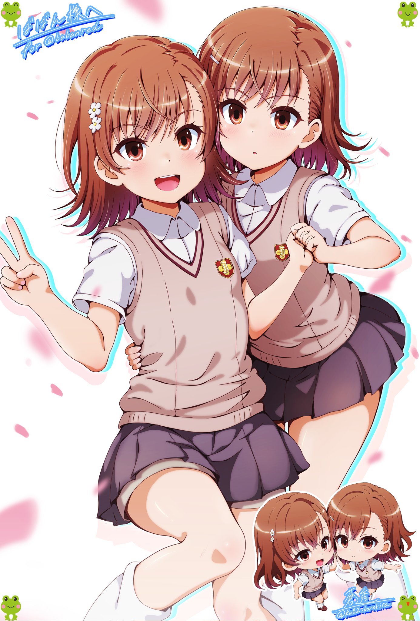 2girls :d asymmetrical_bangs brown_eyes brown_hair brown_sweater_vest chibi chibi_inset clone collared_shirt commentary_request commission gekota grey_skirt hair_ornament hairpin highres holding_hands kanmiya_shinobu looking_at_viewer loose_socks medium_hair miniskirt misaka_imouto misaka_mikoto multiple_girls open_mouth pleated_skirt school_emblem school_uniform shirt short_sleeves shorts shorts_under_skirt siblings simple_background sisters skirt smile socks summer_uniform sweater_vest toaru_kagaku_no_railgun toaru_majutsu_no_index tokiwadai_school_uniform v v-neck white_shirt white_socks