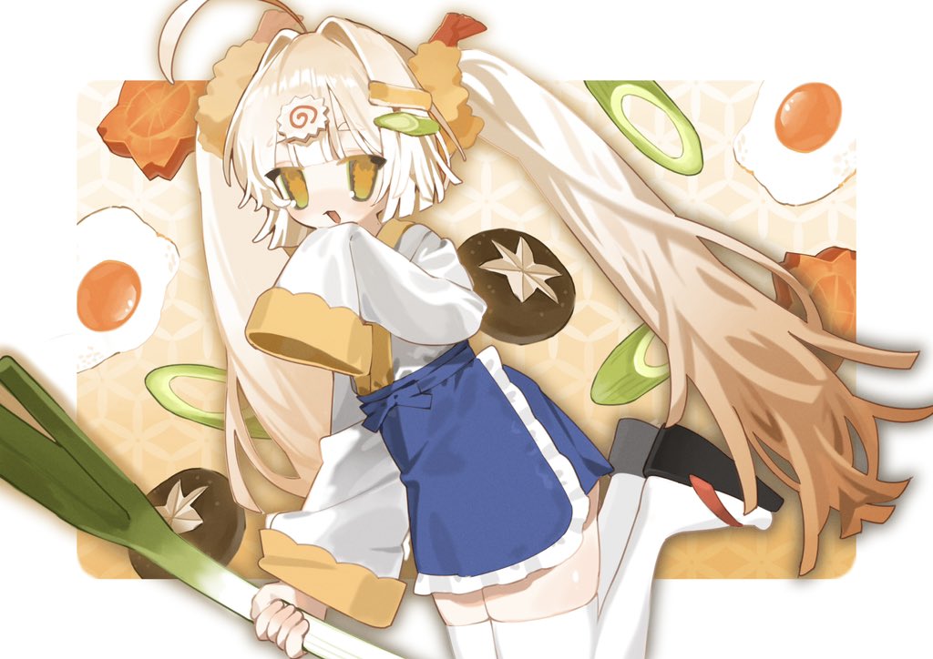 1girl ahoge apron blue_apron food food-themed_hair_ornament fried_egg geta gradient_hair hair_ornament hand_up japanese_clothes kimono long_hair looking_at_viewer multicolored_hair mushroom narutomaki_hair_ornament open_mouth orange_eyes orange_hair original shiitake shrimp shrimp_tempura smile solo spring_onion taiji_(taiji_0) tempura thighhighs twintails very_long_hair white_hair white_kimono white_thighhighs
