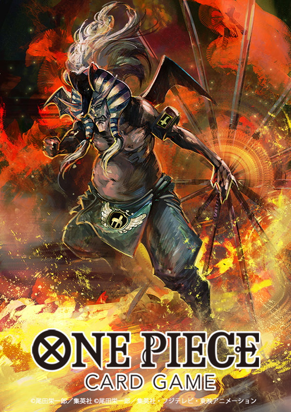 1boy armband clenched_hand commentary_request copyright_name fire hannyabal_(one_piece) hayaken_sarena horns long_hair looking_at_viewer male_focus nemes official_art one_piece one_piece_card_game solo topless_male