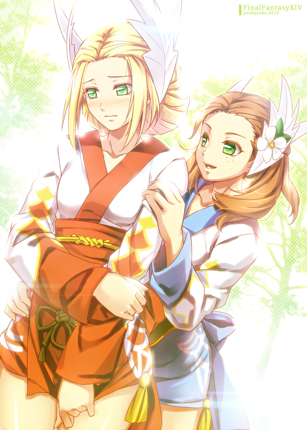 10s 2girls alternate_costume arm_grab blonde_hair blush copyright_name final_fantasy final_fantasy_xiv freckles green_eyes hair_ornament japanese_clothes kan-e-senna looking_at_another multiple_girls open_clothes orange_hair padjal raya-o-senna siblings sisters smile you_haruka