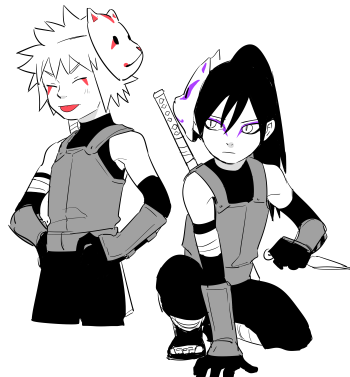 ^_^ aged_down alternate_costume alternate_hairstyle armor bandaged_arm bandaged_leg bandages closed_eyes eyeliner facial_mark fox_mask gauntlets hair_tied_up hand_on_ground hands_on_own_hips holding holding_behind_back holding_sword holding_sword_behind_back holding_weapon holding_weapon_behind_back jiraiya_(naruto) kutuyatti makeup mask mask_on_head monochrome naruto_(series) orochimaru_(naruto) ponytail spiked_hair sword tongue tongue_out weapon