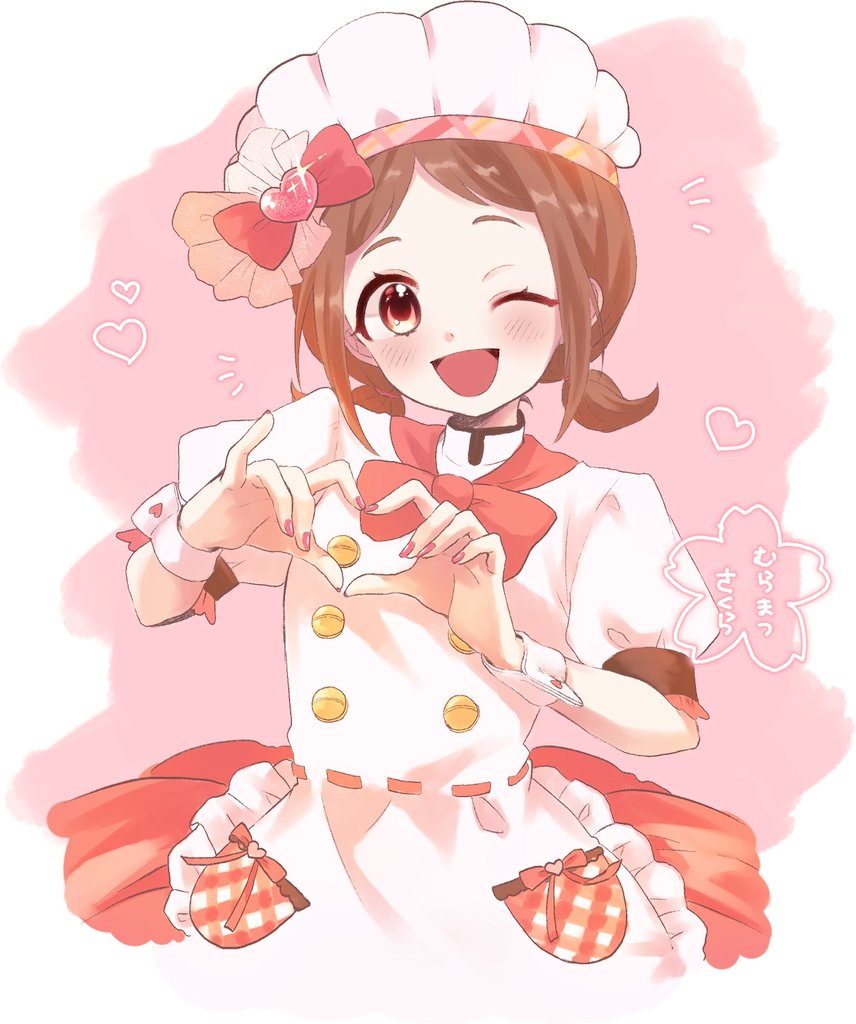 1girl apron blush bow bowtie brown_hair chef chef_hat commentary_request dot_nose dress eyelashes fingernails frilled_apron frilled_dress frills hands_up hat hat_bow head_tilt heart heart_hands idol idol_clothes idolmaster idolmaster_cinderella_girls kanade_0622desu looking_at_viewer multicolored_dress muramatsu_sakura nail_polish notice_lines official_alternate_costume one_eye_closed open_mouth pink_background pink_eyes pink_nails puffy_short_sleeves puffy_sleeves red_bow red_bowtie red_dress short_sleeves sidelocks smile solo sparkle standing straight_hair three_quarter_view tongue toque_blanche translation_request twintails upper_body white_apron white_dress white_hat white_wrist_cuffs wrist_cuffs