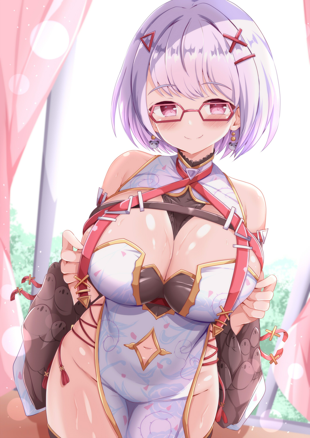1girl bare_shoulders blush breasts china_dress chinese_clothes cleavage cleavage_cutout clothing_cutout commission detached_sleeves dress earrings glasses hair_ornament highres jewelry large_breasts looking_at_viewer navel navel_cutout no_panties pixiv_commission print_dress purple_hair red-framed_eyewear red_eyes short_hair smile solo wide_sleeves window x_hair_ornament xenon_(for_achieve)