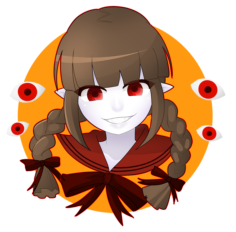 1girl blunt_bangs bow braid brown_hair colored_skin crazy_smile cropped_head funamusea gallaxi hair_bow neckerchief oounabara_to_wadanohara red_bow red_eyes red_neckerchief red_sailor_collar sailor_collar sidelocks smile solo teeth twin_braids wadanohara white_skin