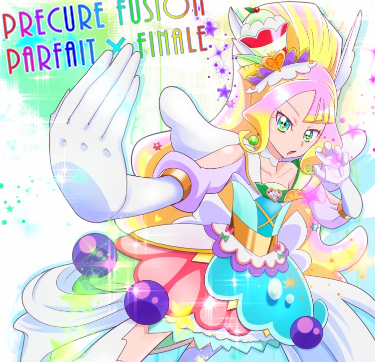 blonde_hair boots cure_finale cure_parfait delicious_party_precure dress elbow_gloves fusion gloves gradient_eyes green_eyes kasai_amane kirahoshi_ciel kirakira_precure_a_la_mode multicolored_eyes multicolored_hair pegasus_wings pink_hair ponytail precure pururun_z white_boots