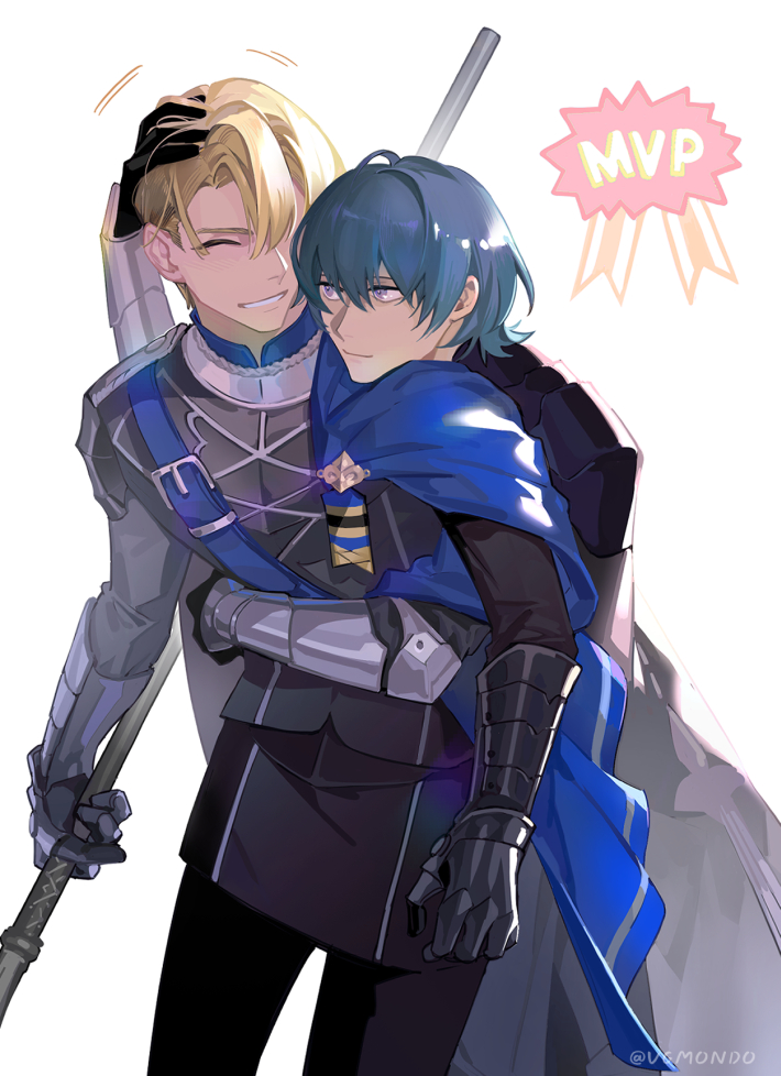 2boys arm_around_waist armor armored_gloves belt black_armor black_cape black_gloves black_pants blonde_hair blue_belt blue_cape blue_eyes blue_hair male_byleth_(fire_emblem) cape chest_belt chinese_commentary closed_eyes closed_mouth commentary couple dimitri_alexandre_blaiddyd feet_out_of_frame fire_emblem fire_emblem:_three_houses garreg_mach_monastery_uniform gauntlets gloves grin hair_over_one_eye hand_in_another&#039;s_hair hand_on_another&#039;s_head head_on_another&#039;s_shoulder head_rest holding holding_polearm holding_weapon hug hug_from_behind looking_at_another male_focus motion_lines multiple_boys mvp nintendo pants polearm ruffling_hair side_cape smile twitter_username vgmondo weapon white_background yaoi