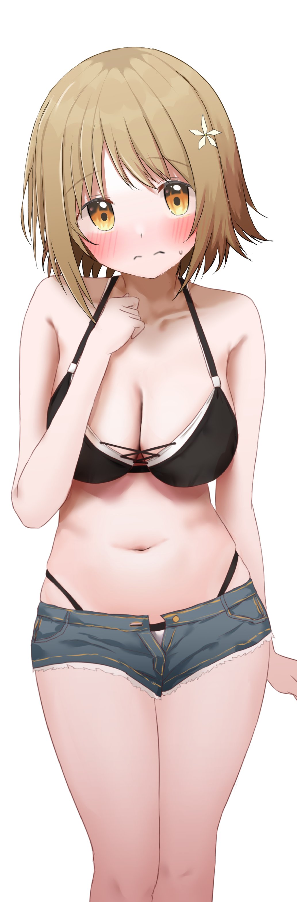 1girl absurdres ashinagi_(bijutu1) bikini bikini_under_clothes black_bikini blush breasts cleavage collarbone denim denim_shorts feet_out_of_frame flower hair_flower hair_ornament highleg highleg_bikini highres idolmaster idolmaster_cinderella_girls light_brown_hair looking_at_viewer medium_breasts midriff mimura_kanako navel panties_under_shorts short_hair short_shorts shorts simple_background skindentation solo sweat swimsuit white_background