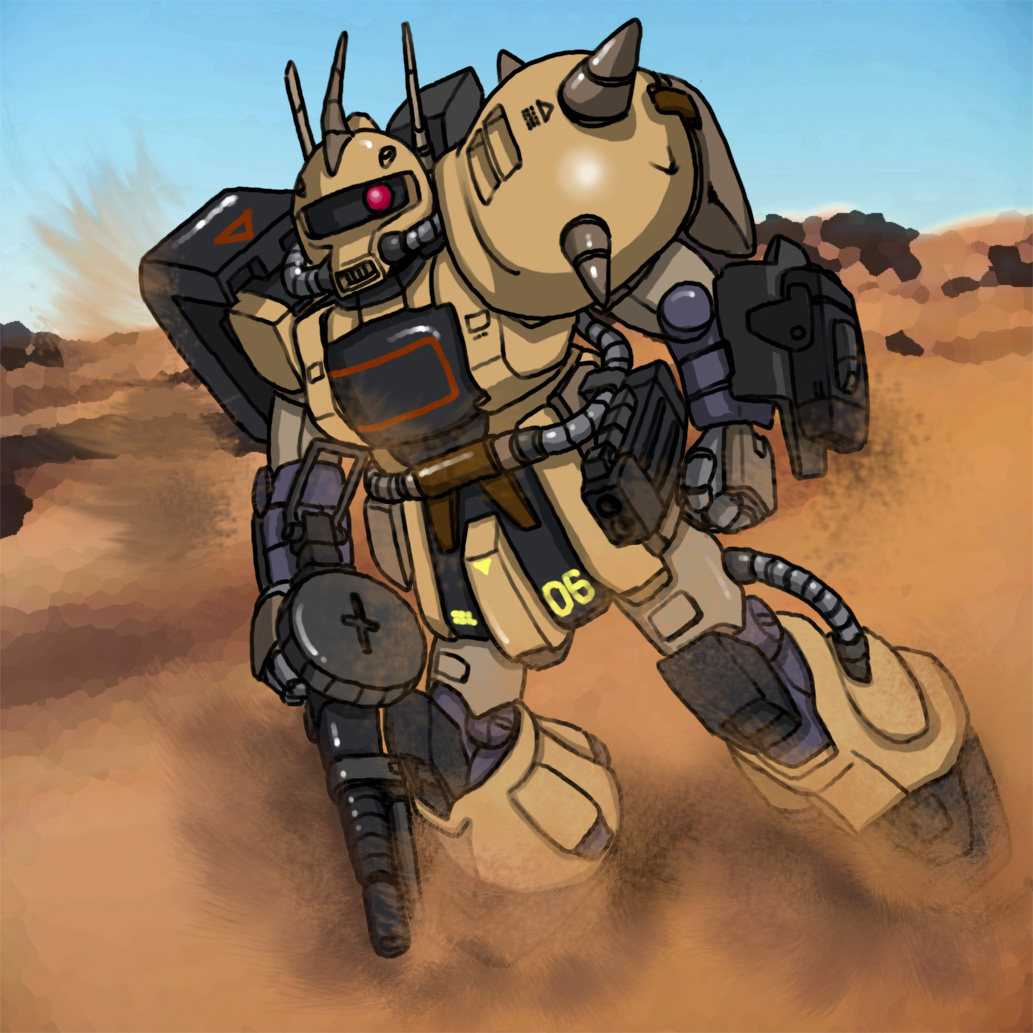 desert gun gundam gundam_msv hirodango mecha robot sand weapon zaku zaku_desert_type