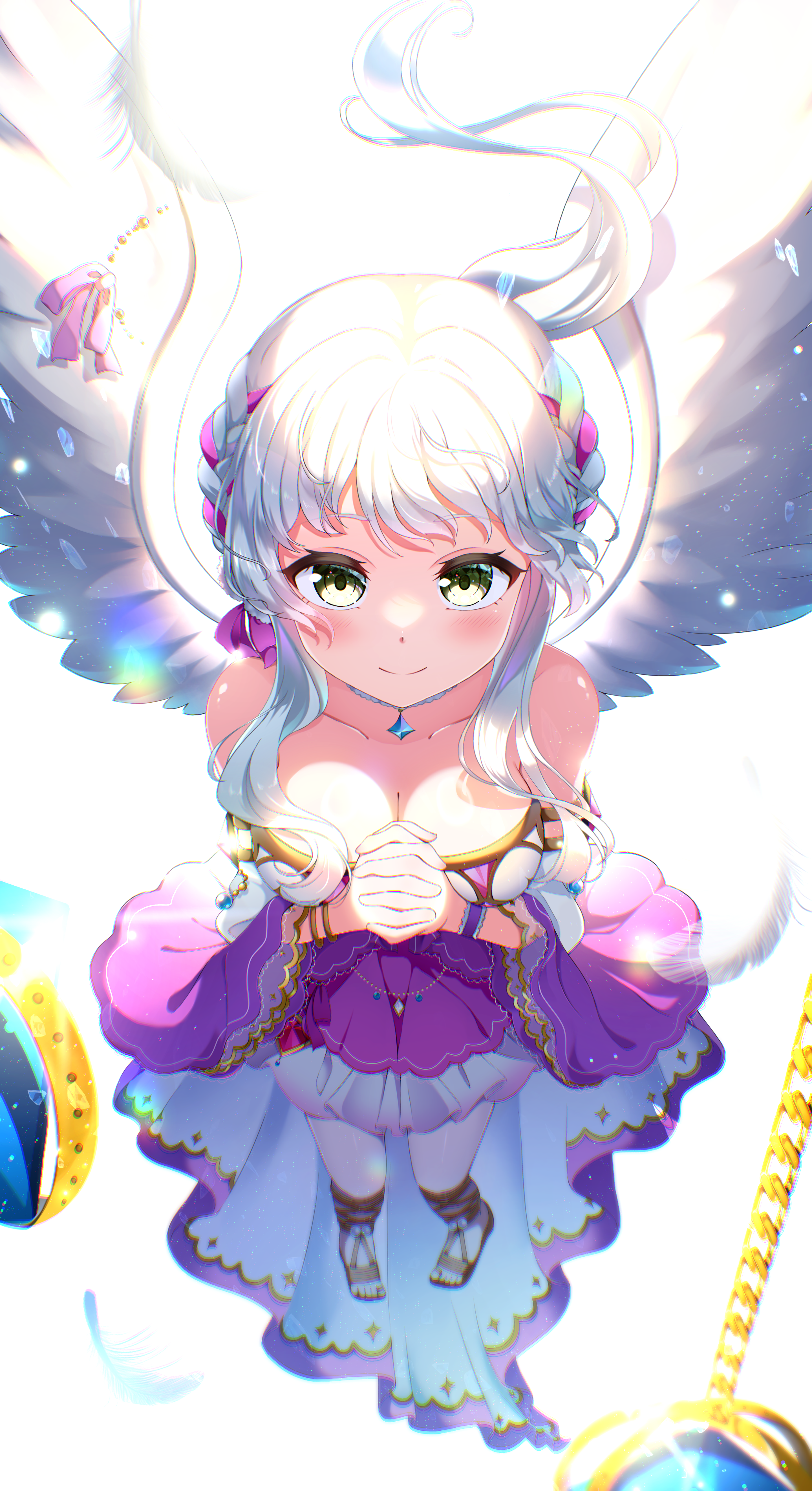 1girl absurdres angel angel_wings bare_shoulders blush breasts cleavage closed_mouth collarbone feathered_wings feathers from_above highres kashiwagi_saki large_breasts long_hair looking_at_viewer ongeki own_hands_clasped own_hands_together ponytail sen_chan_(akane1023) skirt smile solo white_feathers white_hair white_wings wings