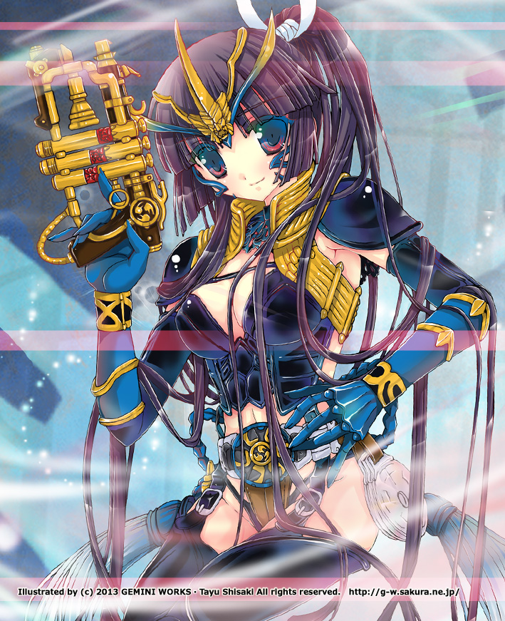 1girl bad_id bad_pixiv_id belt black_hair blue_eyes female_focus gun hand_on_own_hip kamen_rider kamen_rider_hibiki_(series) kamen_rider_ibuki multicolored_eyes personification ponytail red_eyes rider-tan shisaki_tayu smile solo weapon