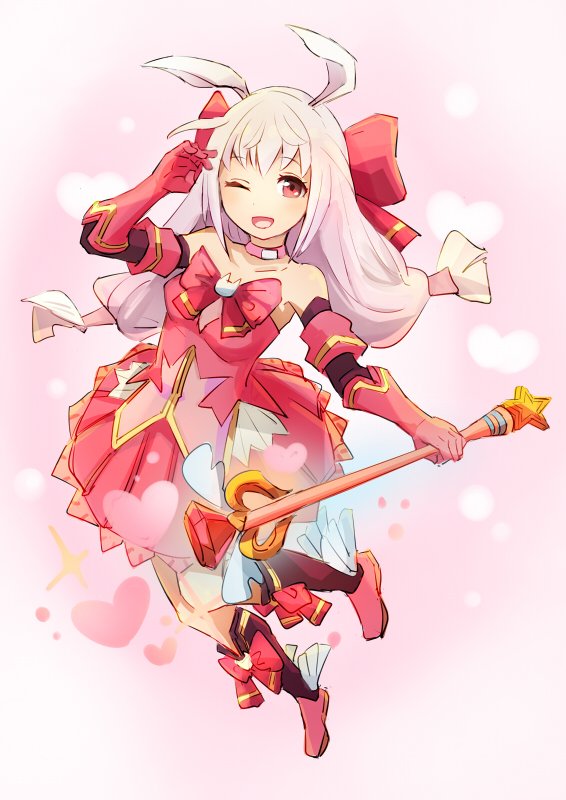 1girl animal_ears bow elbow_gloves female_focus full_body geetgeet gloves hair_bow heart kirara_ookami long_hair low-tied_long_hair magical_girl one_eye_closed pleated_skirt pop-up_story rabbit_ears rabbit_girl red_eyes skirt smile solo wand