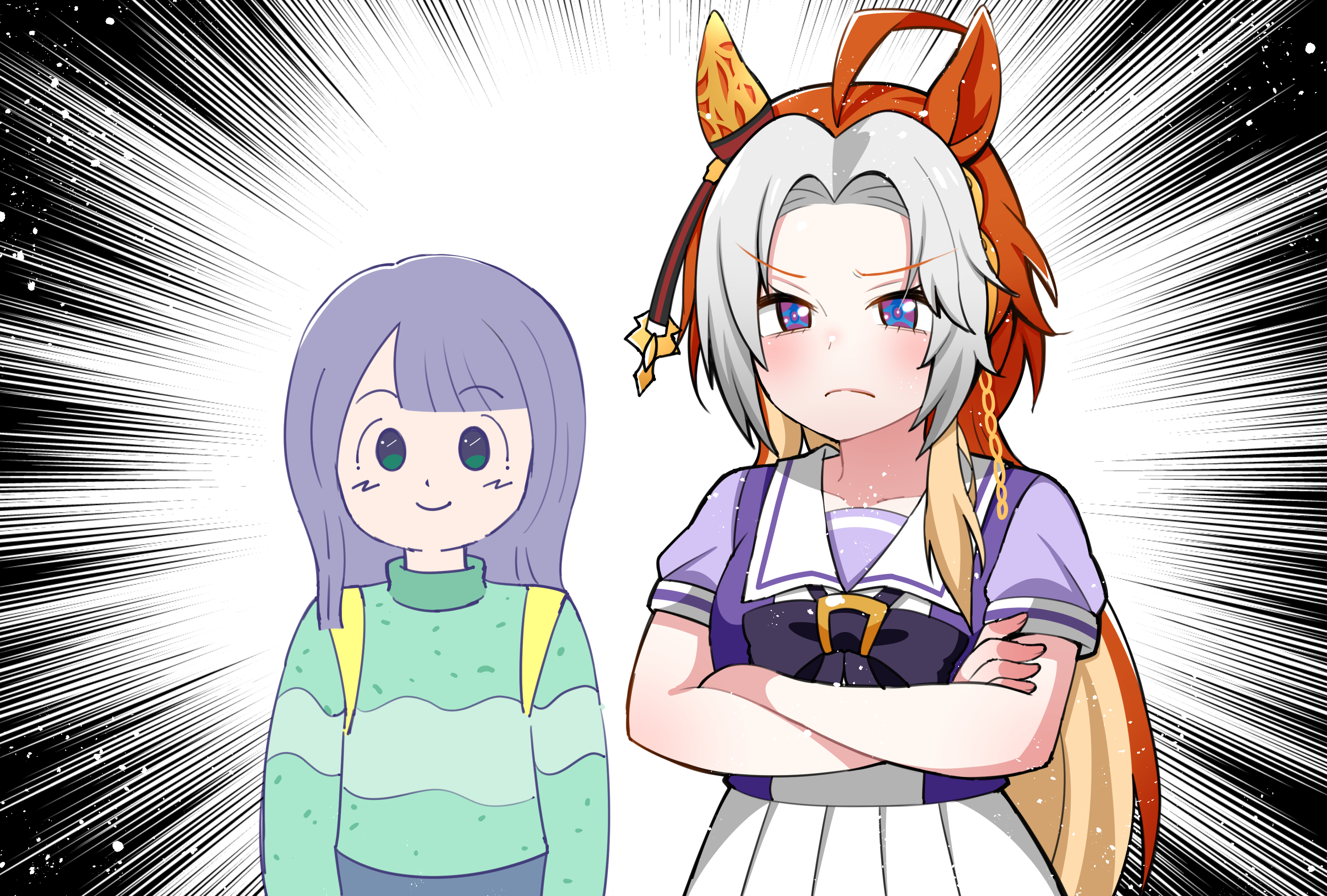 2girls absurdres ahoge aramori_susumu asymmetrical_bangs blunt_bangs blunt_tresses bow bowtie chain commentary crazy_keiba_lady_(jra) crossed_arms ear_covers ear_ornament frown furrowed_brow gold_chain green_eyes green_sweater grey_hair hair_intakes highres japan_racing_association long_hair multicolored_hair multiple_girls orange_hair orfevre_(umamusume) parody pleated_skirt purple_bow purple_bowtie purple_eyes purple_hair purple_shirt sailor_collar sailor_shirt school_uniform shirt single_ear_cover single_sidelock skirt striped_clothes striped_sweater style_parody summer_uniform sweater tracen_school_uniform umamusume upper_body very_long_hair white_sailor_collar white_skirt