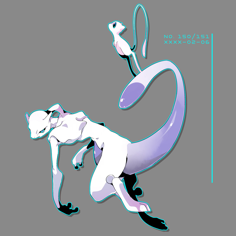 1other blue_eyes blue_outline fewer_digits floating full_body gen_1_pokemon grey_background legendary_pokemon mew_(pokemon) mewtwo mythical_pokemon nintendo no_humans outline pokedex_number pokemon pokemon_(creature) solo tetori
