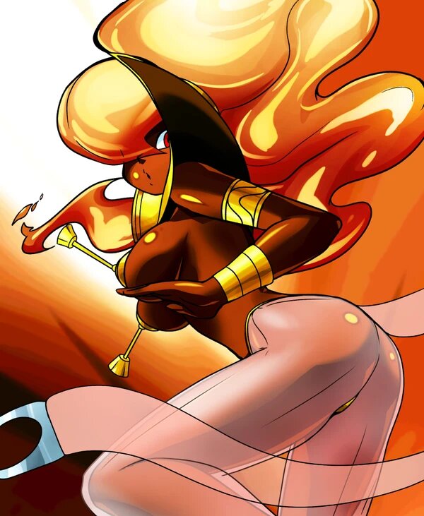 1girl arabian_clothes ass bracelet breasts capcom dark-skinned_female dark_skin fire harem_pants jewelry large_breasts long_hair nipple_tassels nipples pants pepipopo ponytail power_stone red_eyes rouge_(power_stone) see-through_clothes see-through_legwear shinpepi tassel topless_female