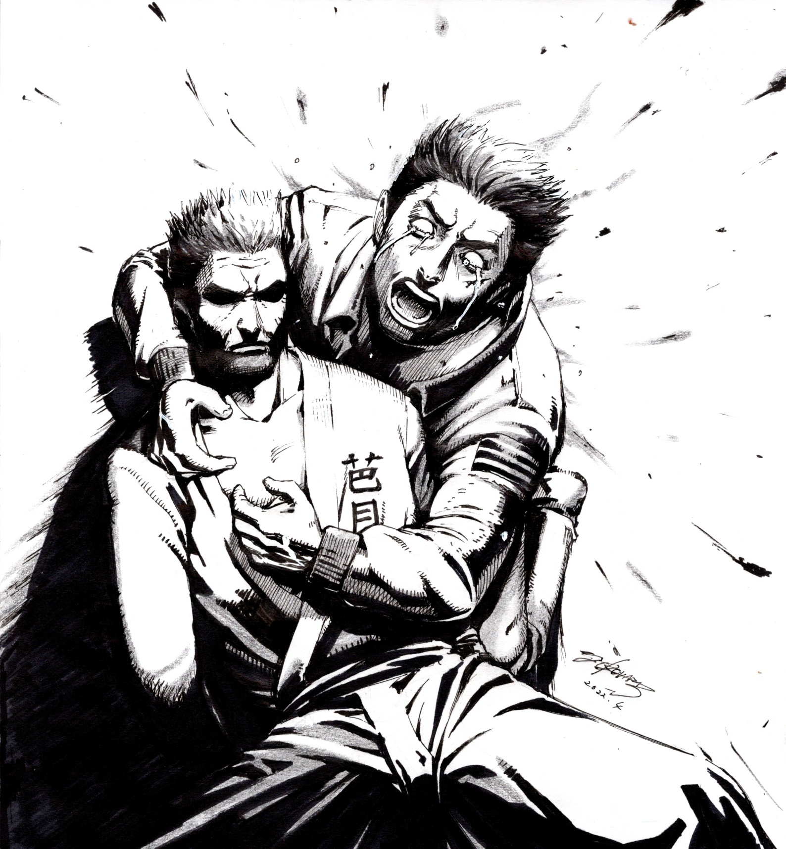 2boys black_hair bleeding blood collared_jacket corpse crying crying_with_eyes_open denim dougi facial_scar father_and_son greyscale hazuki_iwao hazuki_ryou highres holding_person jacket jeans junejamesjun leather leather_jacket looking_at_viewer monochrome multiple_boys pants patch scar scar_on_cheek scar_on_face screaming shenmue shenmue_the_animation shirt shoes sneakers spiked_hair tears white_shirt