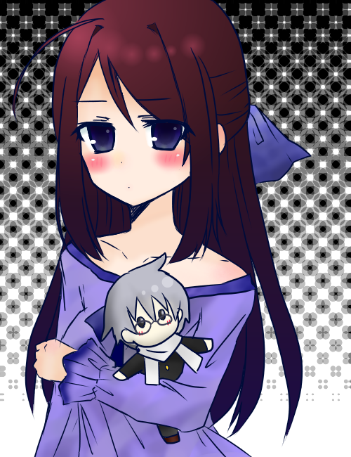 1girl ahoge ao_oni blue_eyes blush brown_hair cameo collarbone commentary doll female_focus gender_request genderswap hair_ornament halftone halftone_background hiroshi_(ao_oni) long_hair looking_at_viewer personification sakura_hayato sidelocks solo the_oni_(ao_oni)