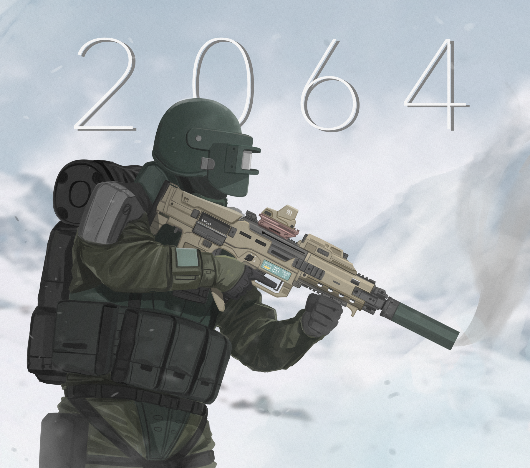 assault_rifle backpack bag ballistic_face_shield ballistic_helmet blurry blurry_background bullpup cursed_m4a1_(meme) day face_shield girls'_frontline gloves green_gloves gun helmet highres holding holding_gun holding_weapon kcco_(girls'_frontline) long_sleeves m4a1_(girls'_frontline) outdoors parabellum rifle scope suppressor tactical_clothes weapon