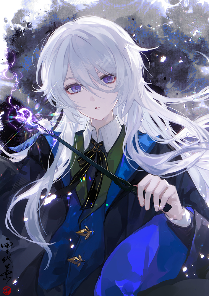 1boy aged_down black_background black_coat black_jacket black_ribbon blue_vest buttons cael_anselm coat collared_shirt hair_between_eyes holding holding_wand hood hood_down hooded_coat jacket long_bangs long_hair long_sleeves looking_at_viewer lovebrush_chronicles magic male_focus neck_ribbon open_clothes open_coat parted_lips purple_eyes ribbon school_uniform shirt solo splatter_background upper_body vest wand white_background white_hair white_shirt wide_sleeves xuedaixun