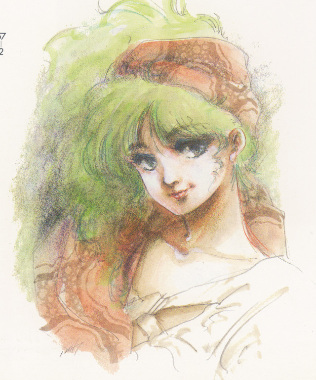 1980s_(style) 1girl green_hair looking_at_viewer megazone_23 mikimoto_haruhiko oldschool portrait production_art promotional_art red_lips retro_artstyle scan signature sketch smile smirk tokimatsuri_eve traditional_media upper_body
