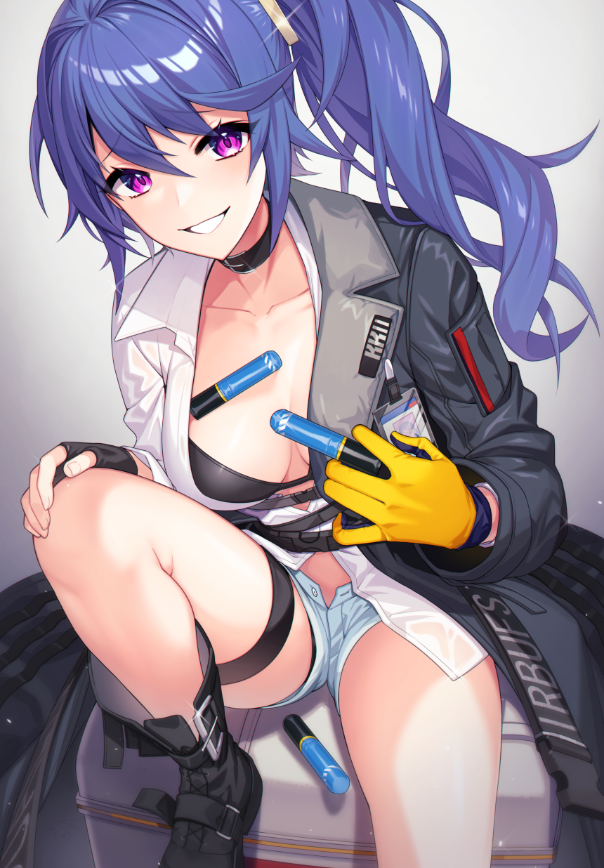 1girl 20x30mm_lv 20x30mm_lv_p_k168 ammunition black_boots black_bra black_jacket black_panties blue_hair blue_shorts boots bra breasts cannon_cartridge collarbone denim denim_shorts explosive girls&#039;_frontline gloves grenade grenade_cartridge grin highres jacket k11_(girls&#039;_frontline) kinsenka_momi large_breasts long_hair long_sleeves micro_shorts open_clothes open_fly open_jacket panties partially_unbuttoned practice_round purple_eyes shirt short_shorts shorts side_ponytail sitting smile solo subsonic_ammunition thigh_strap thighs underwear white_shirt yellow_gloves