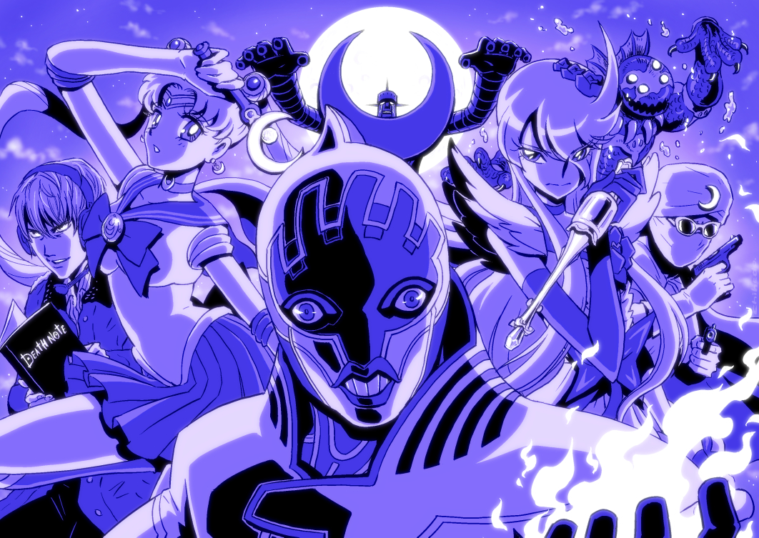 10s 2girls 3boys bishoujo_senshi_sailor_moon bishoujo_senshi_sailor_moon_(first_season) blue_theme bow brooch chihedo choker crescent crossover cure_moonlight dark_blue_moon death_note double_bun elbow_gloves flower_tact full_moon gekko_kamen gekko_kamen_(character) glasses gloves gradient_background hair_bun hair_ornament hairpin heartcatch_precure! iwai_juurou jewelry jojo_no_kimyou_na_bouken just_as_planned_(meme) long_hair lunatic_(tiger_&amp;_bunny) magical_girl mecha meme monochrome monster moon moon_stick multiple_boys multiple_crossover multiple_girls power_connection precure robot sailor_moon skirt stand_(jojo) the_moon_(character) the_moon_(manga) tiger_&amp;_bunny tsukikage_yuri tsukino_usagi turban twintails yagami_light yuri_petrov