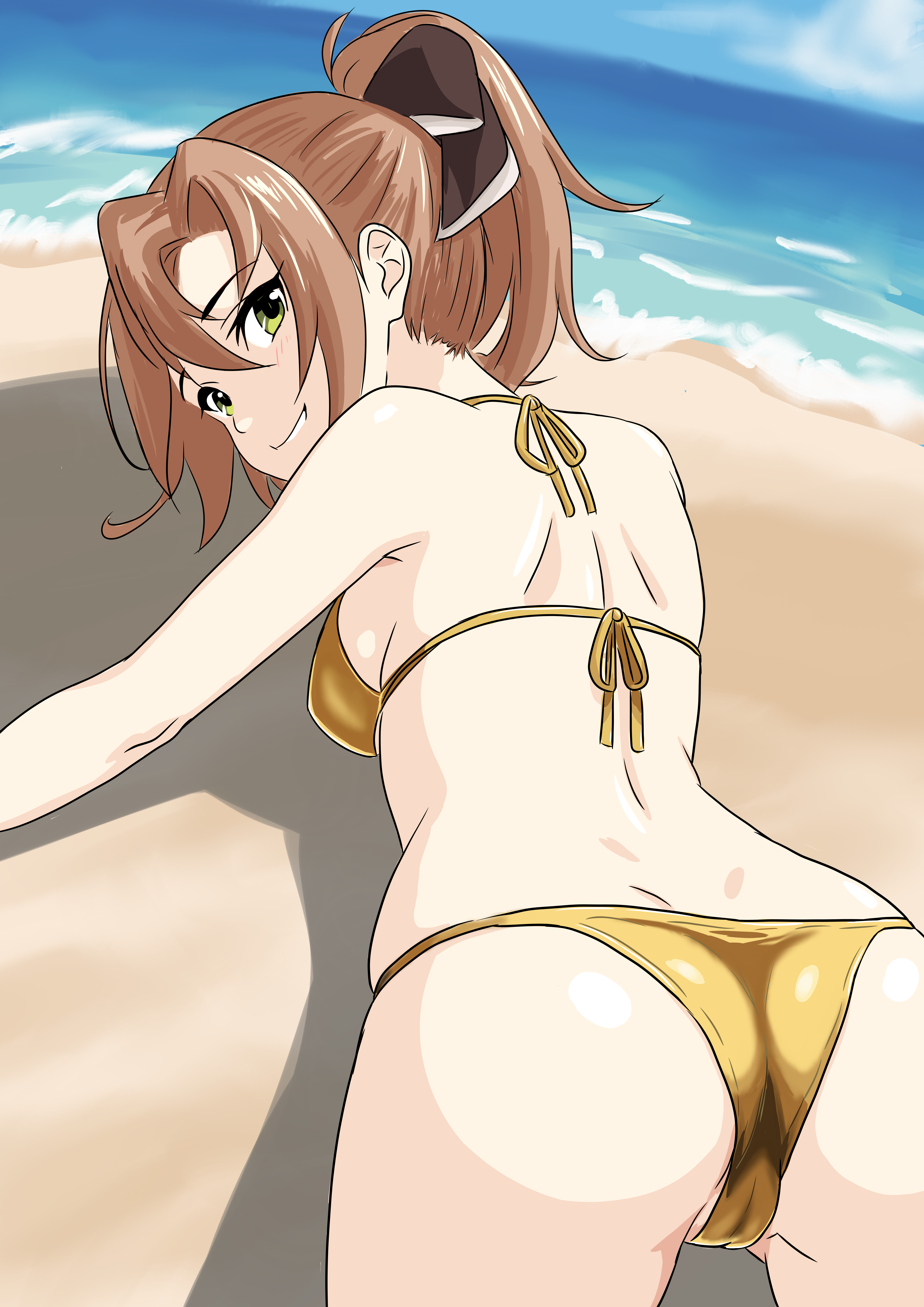 1girl absurdres akigumo_(kancolle) akigumo_kai_ni_(kancolle) all_fours ass beach bikini blue_sky bone_namu(namu49850) brown_hair cloud cowboy_shot day gold_bikini green_eyes hair_ribbon highres horizon kantai_collection long_hair looking_at_viewer looking_back ocean outdoors ponytail ribbon sky solo swimsuit