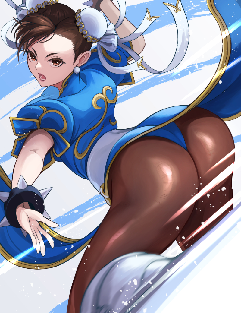 1girl ass blue_dress boots bracelet brown_eyes brown_hair brown_pantyhose capcom china_dress chinese_clothes chun-li double_bun dress ema_(emaura) female_focus gold_trim hair_bun huge_ass jewelry lower_teeth_only matching_hair/eyes open_mouth pantyhose puffy_short_sleeves puffy_sleeves short_sleeves solo spiked_bracelet spikes street_fighter street_fighter_6 teeth thick_thighs thighs white_boots