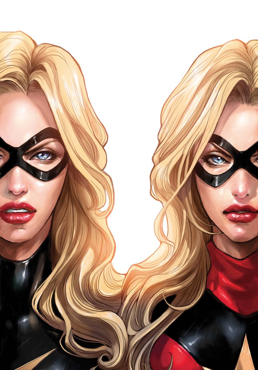 2girls blonde_hair blue_eyes carol_danvers highres karla_sofen lips lipstick looking_at_viewer makeup marvel mask moonstone_(marvel) ms_marvel multiple_girls profile takeda_sana