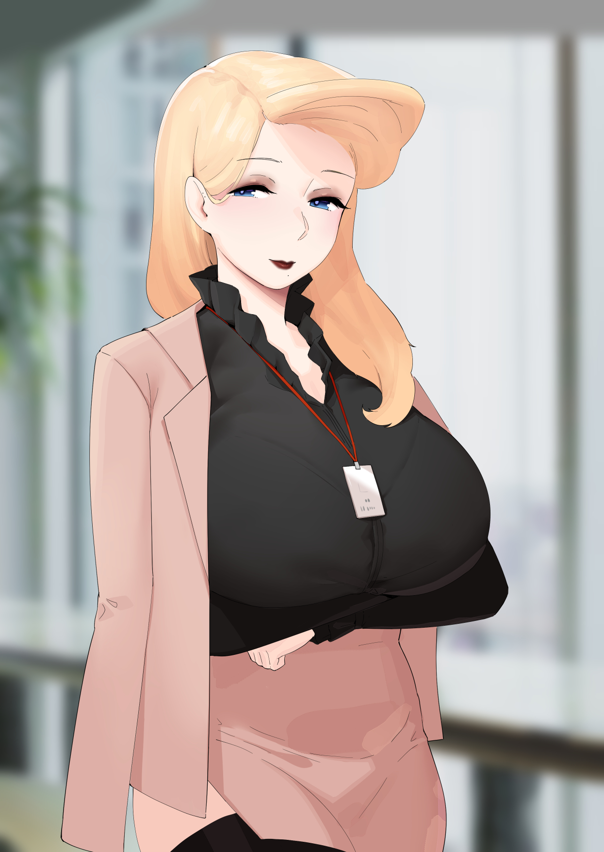 1girl black_lips blonde_hair blue_eyes breasts half-closed_eyes highres id_card large_breasts looking_to_the_side mature_female moebell mole mole_under_mouth office_lady original