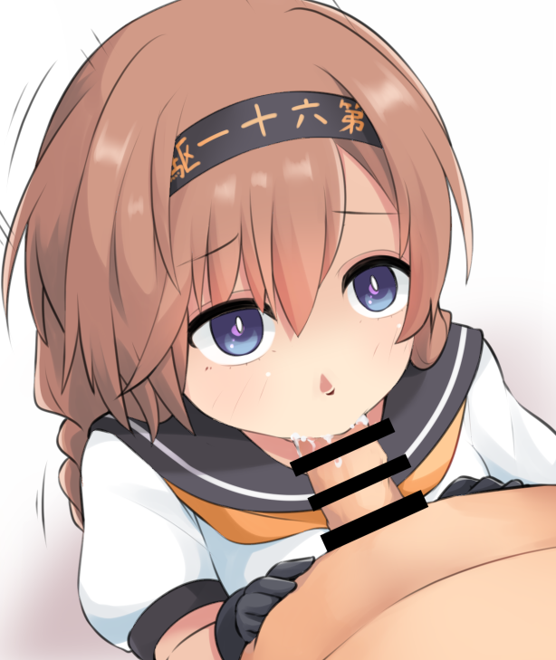 1boy 1girl black_gloves blue_eyes braid clothed_female_nude_male cum cum_in_mouth fellatio gloves hachimaki headband hetero kantai_collection light_brown_hair nude okitarou_(okiyo) oral penis teruzuki_(kancolle) twin_braids