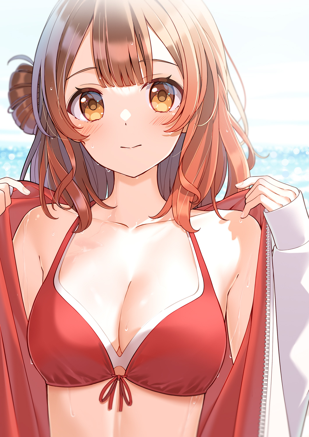1girl :&gt; bare_shoulders bikini blush breasts brown_eyes brown_hair cleavage closed_mouth collarbone day front-tie_bikini_top front-tie_top gakuen_idolmaster hair_bun hanami_ume hands_up highres huyunora idolmaster jacket large_breasts layered_bikini looking_at_viewer multicolored_jacket open_clothes open_jacket opened_by_self outdoors red_bikini red_jacket short_hair side_up_bun single_hair_bun single_side_bun sleeves_past_wrists solo swimsuit two-tone_jacket upper_body wet wet_face wet_hair white_jacket