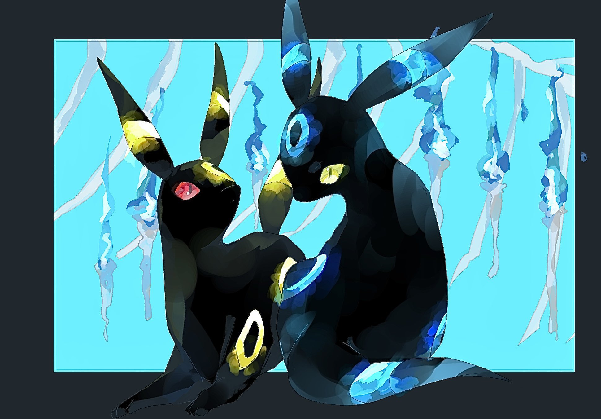 alternate_color animal_focus black_border blue_background blue_fire border fire full_body gen_2_pokemon highres looking_at_another looking_back neon_trim nintendo no_humans outside_border pokemon pokemon_(creature) red_eyes shiny_and_normal shiny_pokemon sitting tugu_pi umbreon yellow_eyes