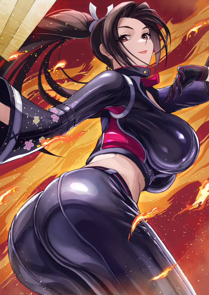 1girl ass ass_focus black_gloves black_jacket black_pants breasts brown_eyes brown_hair ema_(emaura) fatal_fury fatal_fury:_city_of_the_wolves gloves high_ponytail huge_ass jacket large_breasts long_hair looking_at_viewer official_alternate_costume pants ponytail shiranui_mai solo