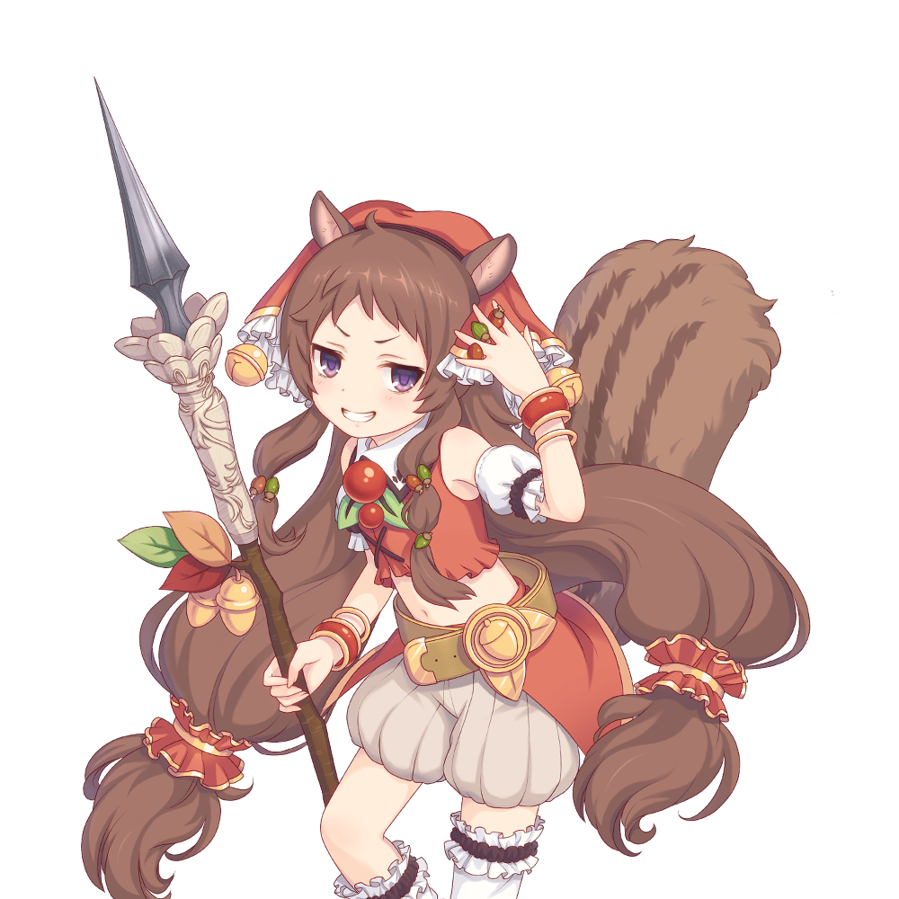 1girl acorn animal_ears brown_hair holding holding_polearm holding_weapon long_hair looking_at_viewer low-tied_long_hair official_art polearm princess_connect! purple_eyes rin_(princess_connect!) spear squirrel_girl tachi-e transparent_background weapon