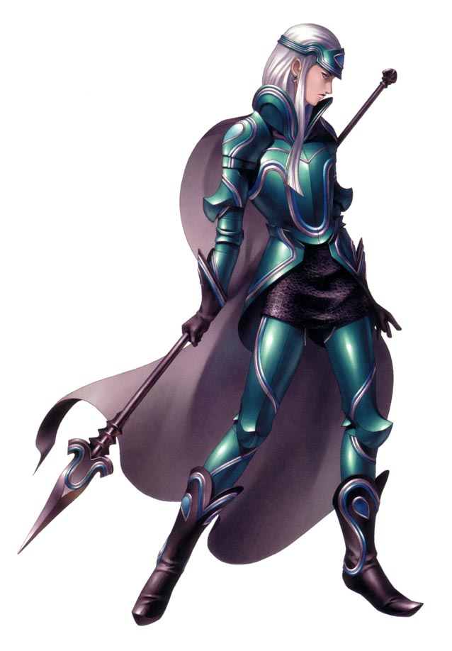 1boy androgynous armor cape kazuma_kaneko official_art polearm shin_megami_tensei simple_background spear tam_lin weapon white_hair