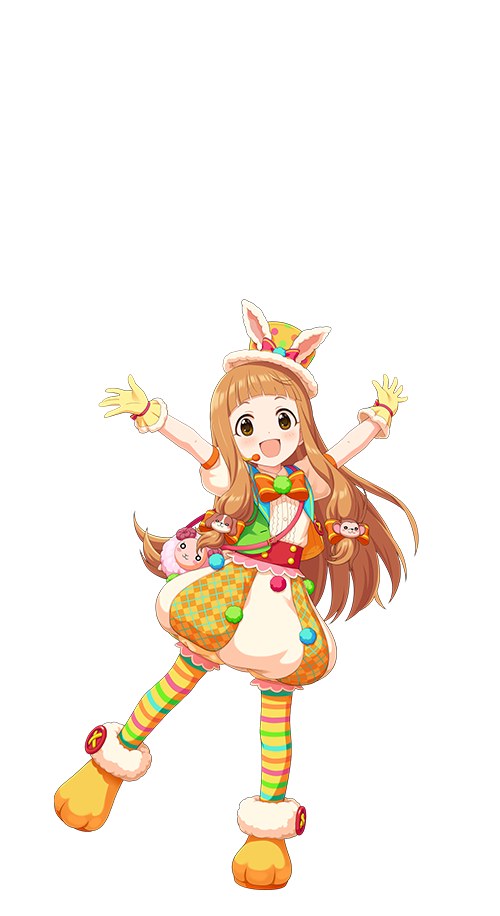 1girl animal_ears bow bowtie brown_eyes brown_hair buttons full_body fur_trim gloves hat ichihara_nina idol_clothes idolmaster idolmaster_cinderella_girls idolmaster_cinderella_girls_starlight_stage microphone mini_hat official_art open_mouth outstretched_arms puffy_shorts shorts solo striped_clothes transparent_background
