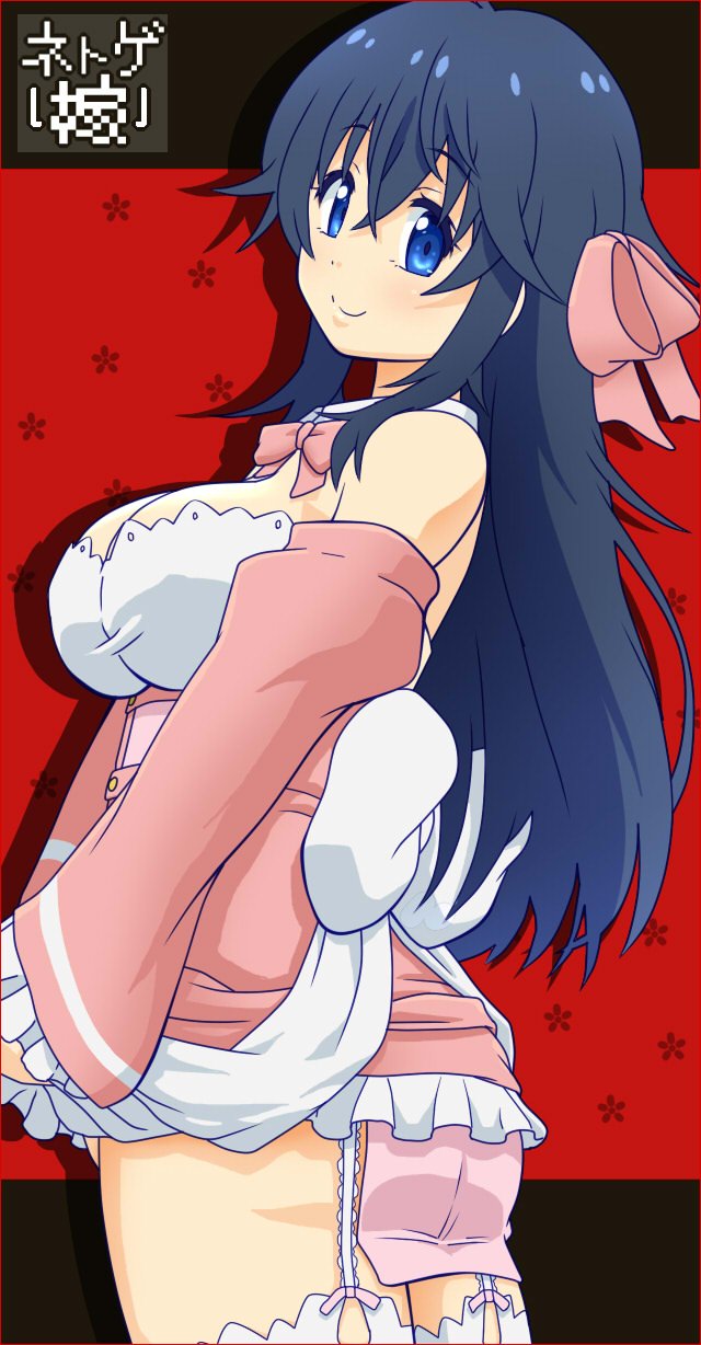 1girl ahoge awa bare_shoulders black_hair blue_eyes breasts closed_mouth dress hair_between_eyes highres large_breasts long_hair looking_at_viewer netoge_no_yome_wa_onna_no_ko_janai_to_omotta? smile solo tamaki_ako thighhighs white_thighhighs