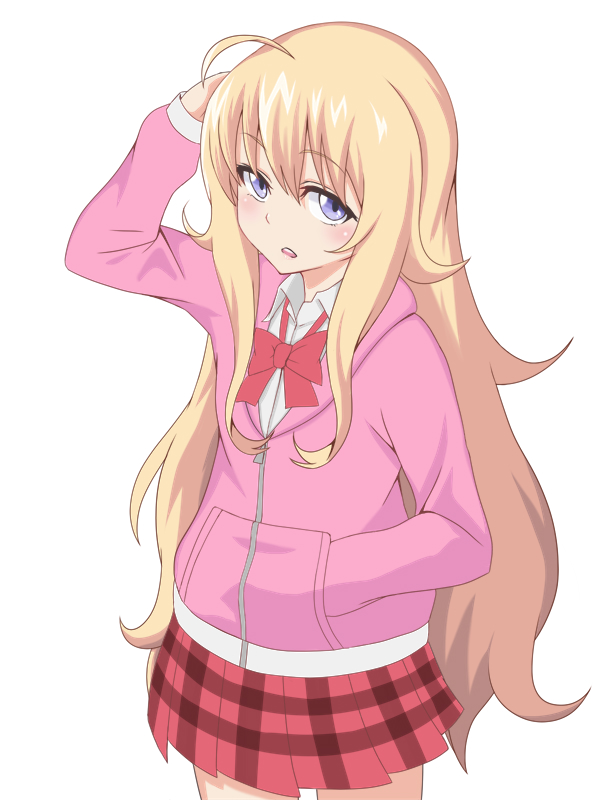 10s 1girl ahoge blonde_hair blue_eyes bow female_focus gabriel_dropout gabriel_tenma_white hand_in_pocket heikichi hood hoodie long_hair looking_at_viewer open_mouth plaid_clothes plaid_skirt pleated_skirt skirt solo very_long_hair