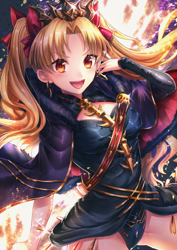 1girl :d asymmetrical_sleeves bad_id bad_pixiv_id black_cape black_leotard black_sleeves blonde_hair bow breasts cape diadem earrings ereshkigal_(fate) fate/grand_order fate_(series) female_focus floating_hair fur-trimmed_cape fur_trim hair_bow jewelry kamuinii leotard long_hair looking_at_viewer medium_breasts open_mouth orange_eyes red_bow single_sleeve skull smile solo sparkle standing twintails uneven_sleeves v-shaped_eyebrows very_long_hair