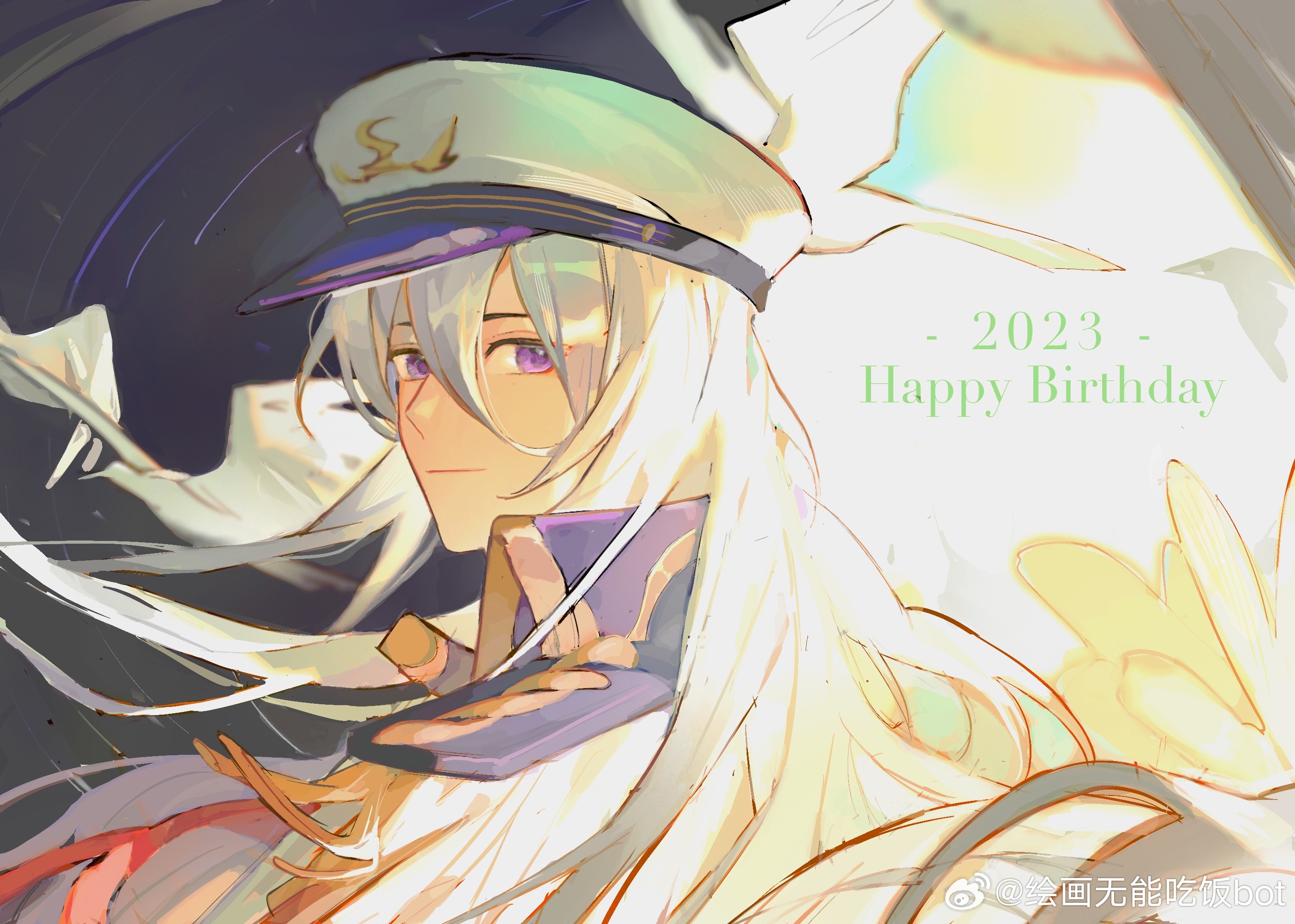 1boy 2023 bird cael_anselm cael_anselm_(infinite_empire) closed_mouth collared_jacket day dove epaulettes hair_between_eyes happy_birthday hat highres huihua_wuneng_chifan_bot jacket long_bangs long_hair long_sleeves looking_at_viewer looking_back lovebrush_chronicles male_focus military_hat night peaked_cap purple_eyes smile solo split_theme star_trail upper_body watermark weibo_watermark white_hair white_hat white_jacket